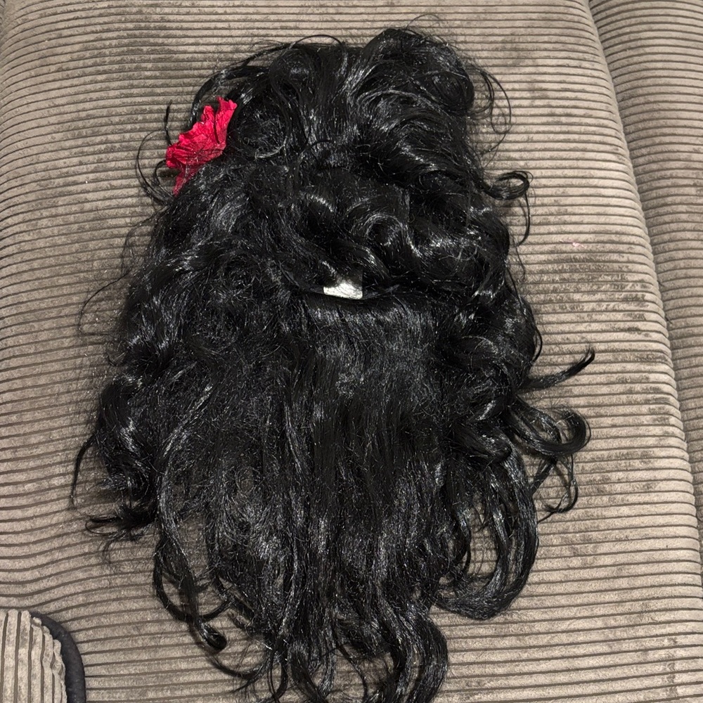 Elegant Black Curly Hairpiece with Red Flower